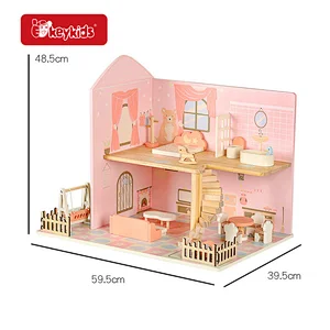 Pink Multi Level Wooden Dollhouse for Girls DIY Pretend Play Set with Furniture Accessories Creative Room Doll House Toy W06A593